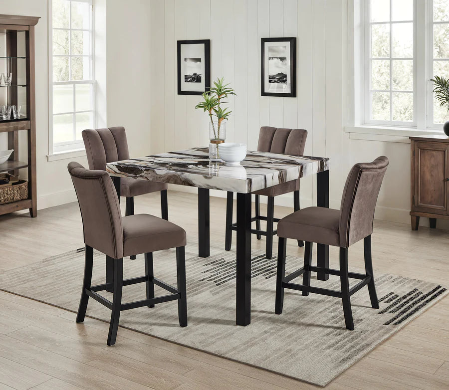 Dining room with a marble-top table and brown chairs in a well-lit room.
