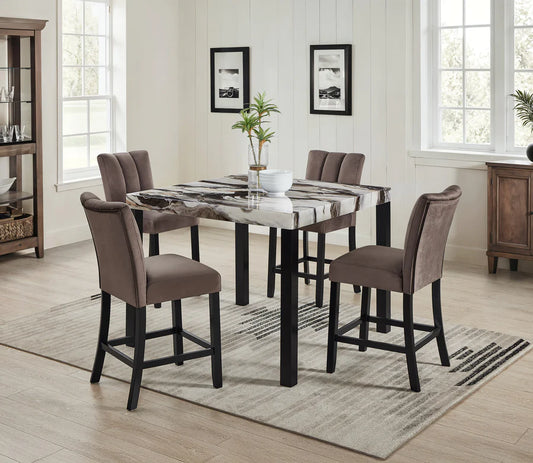 Dining room with a marble-top table and brown chairs in a well-lit room.