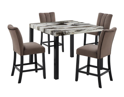Dining table set with four chairs on a white background