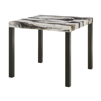 Small table with marble-like top and black legs on a white background