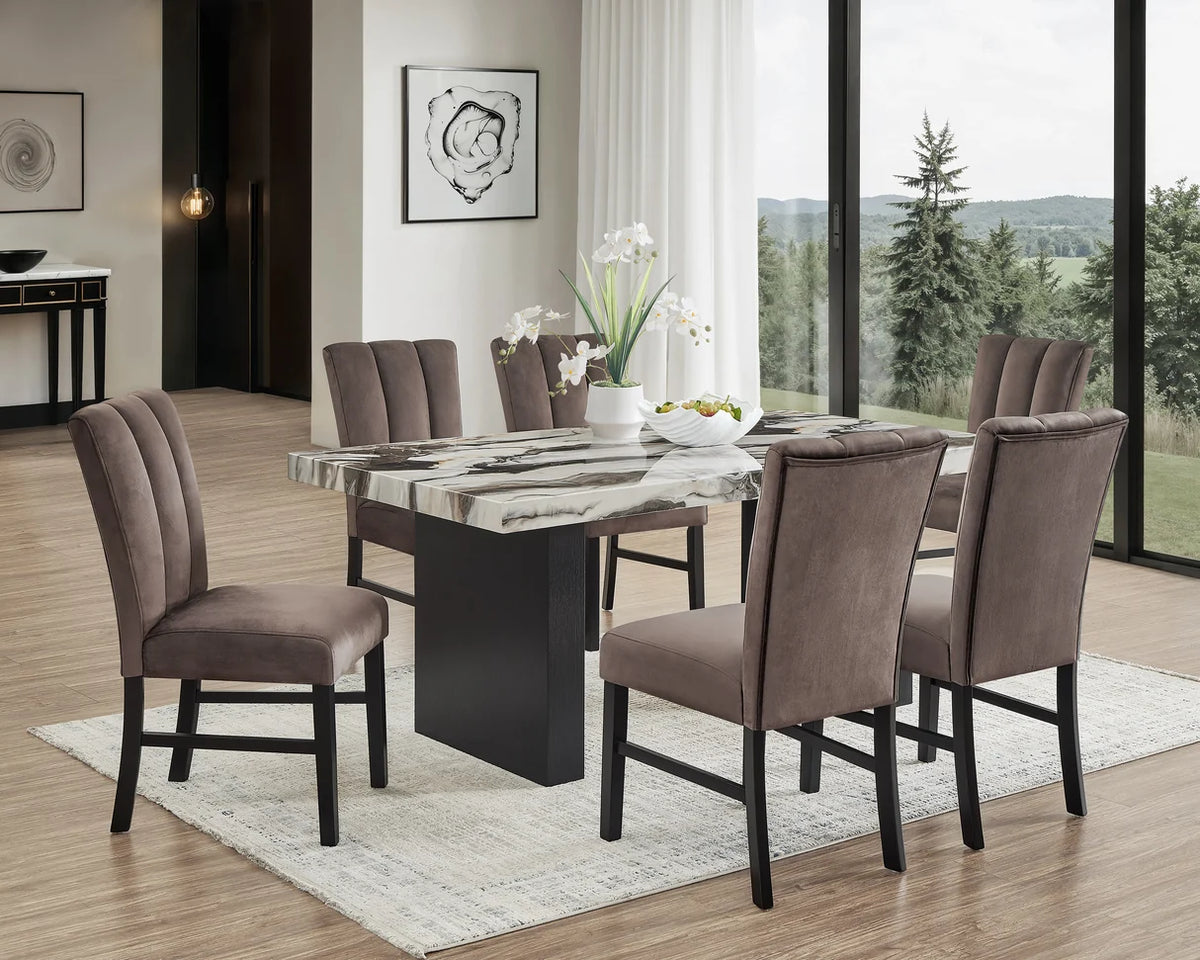 Vega Veined-Top Dining Set with Upholstered Chairs