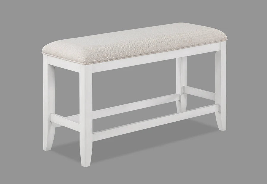 White bench with a beige cushion on a gray background