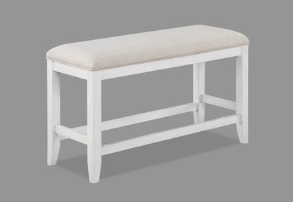 White bench with a beige cushion on a gray background