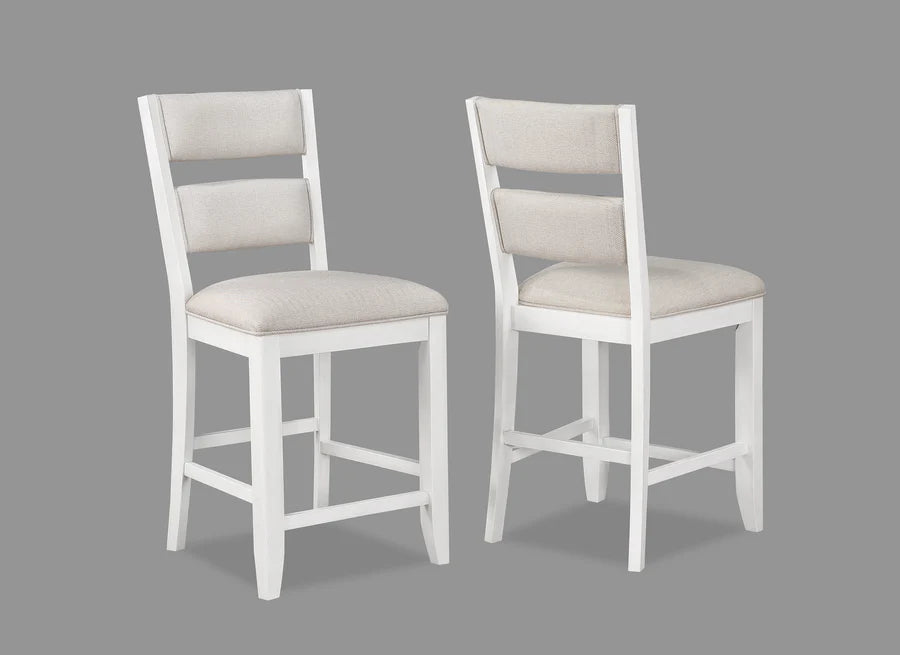 Two white bar stools with beige seats on a gray background
