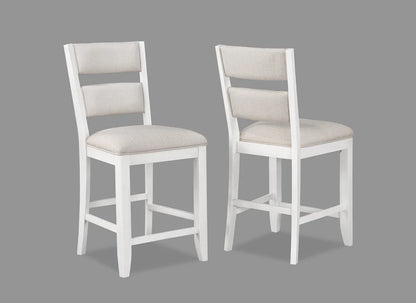 Two white bar stools with beige seats on a gray background