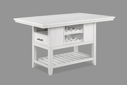 White kitchen island with storage drawers and a wine rack on a gray background