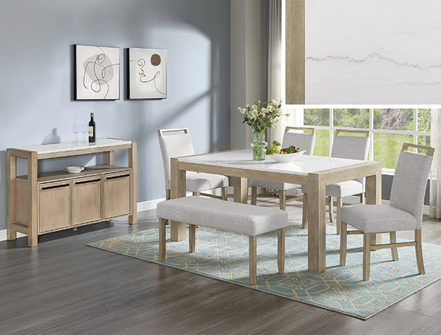 Hazel dining set with light wood table, upholstered chairs, and matching bench