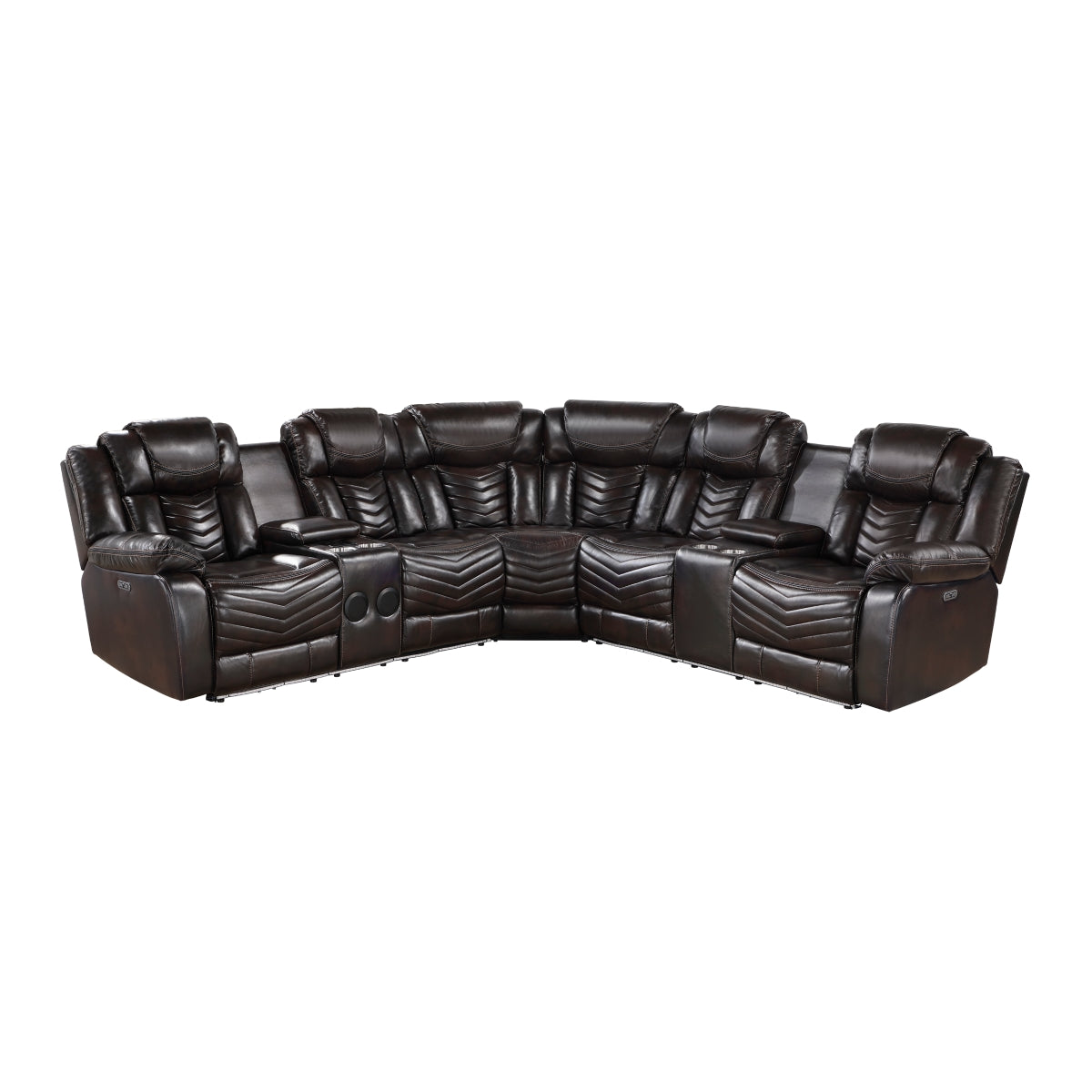 Dark brown faux leather power reclining sectional with LED lighting and consoles
