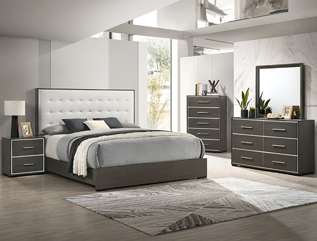 Sharpe upholstered platform bed with tufted headboard and gray-toned frame