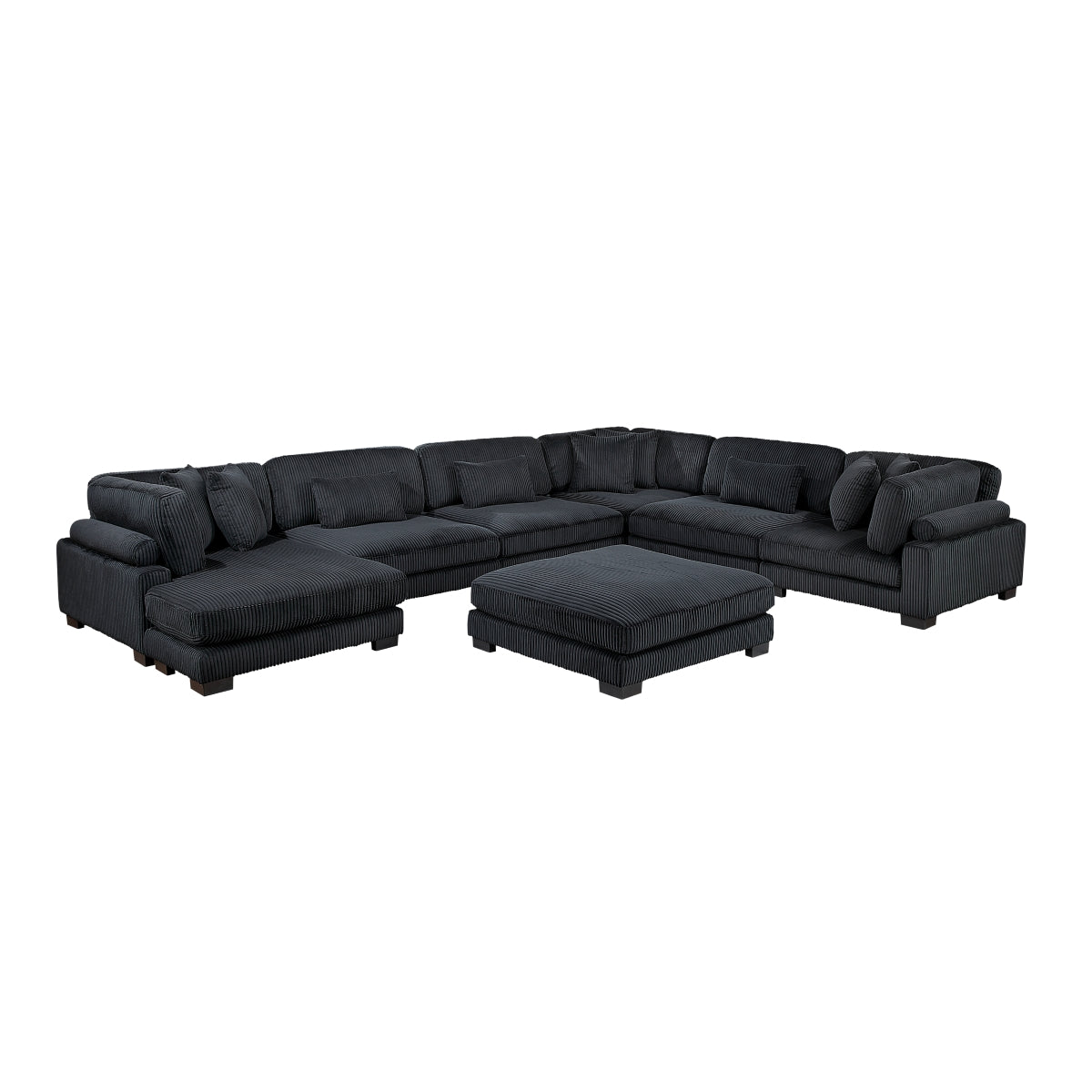 Black corduroy 7-piece modular sectional sofa with reversible chaise and ottoman