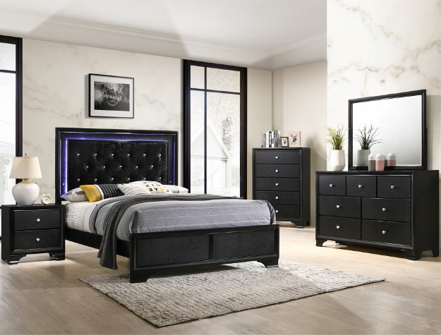Micah collection dresser top shown in a black bedroom furniture set