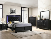 Micah black bedroom set with dresser, mirror, nightstand, and chest featuring crystal-style knobs
