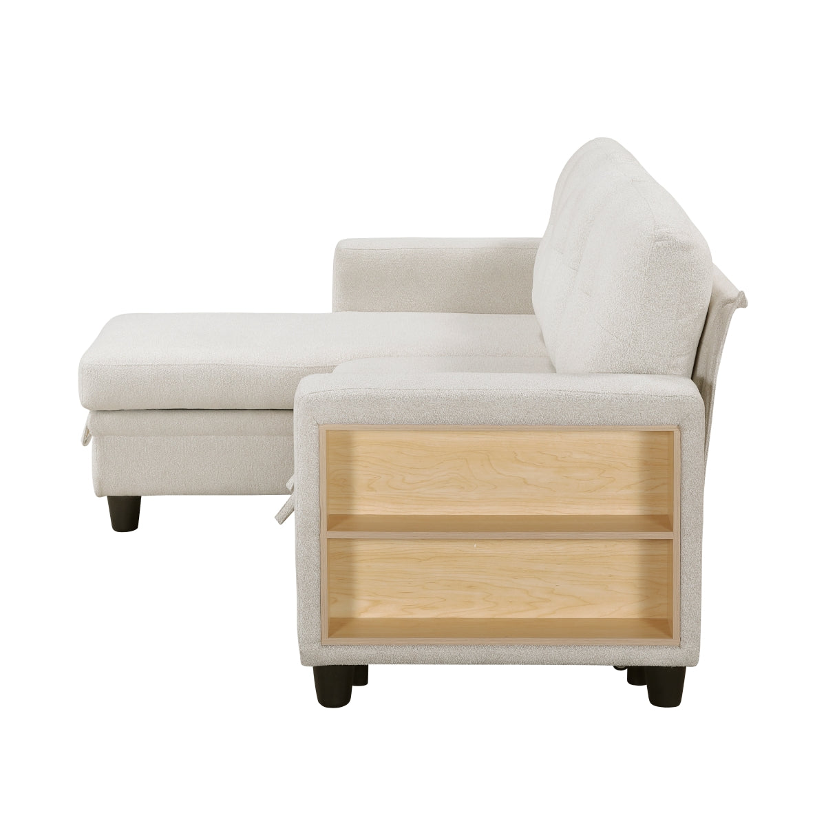 Beige boucle reversible sectional sofa with pull-out bed, storage chaise, side shelving and charging port