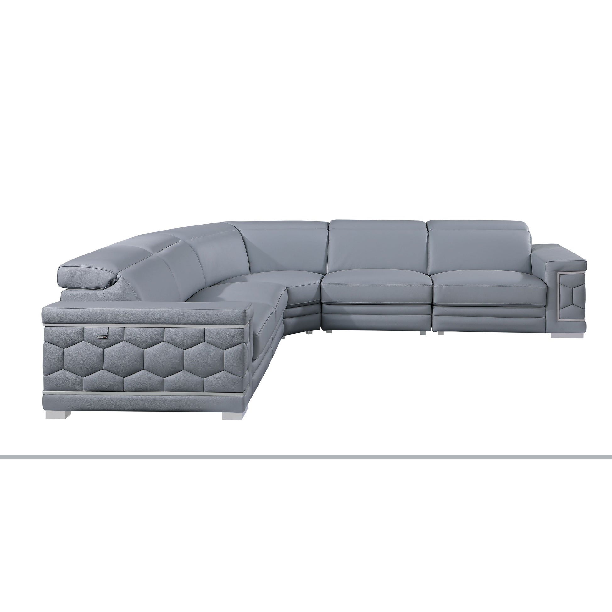 Favo 4-piece light blue-grey Italian leather sectional sofa with hexagon-tufted arms and chrome trim in a modern living room