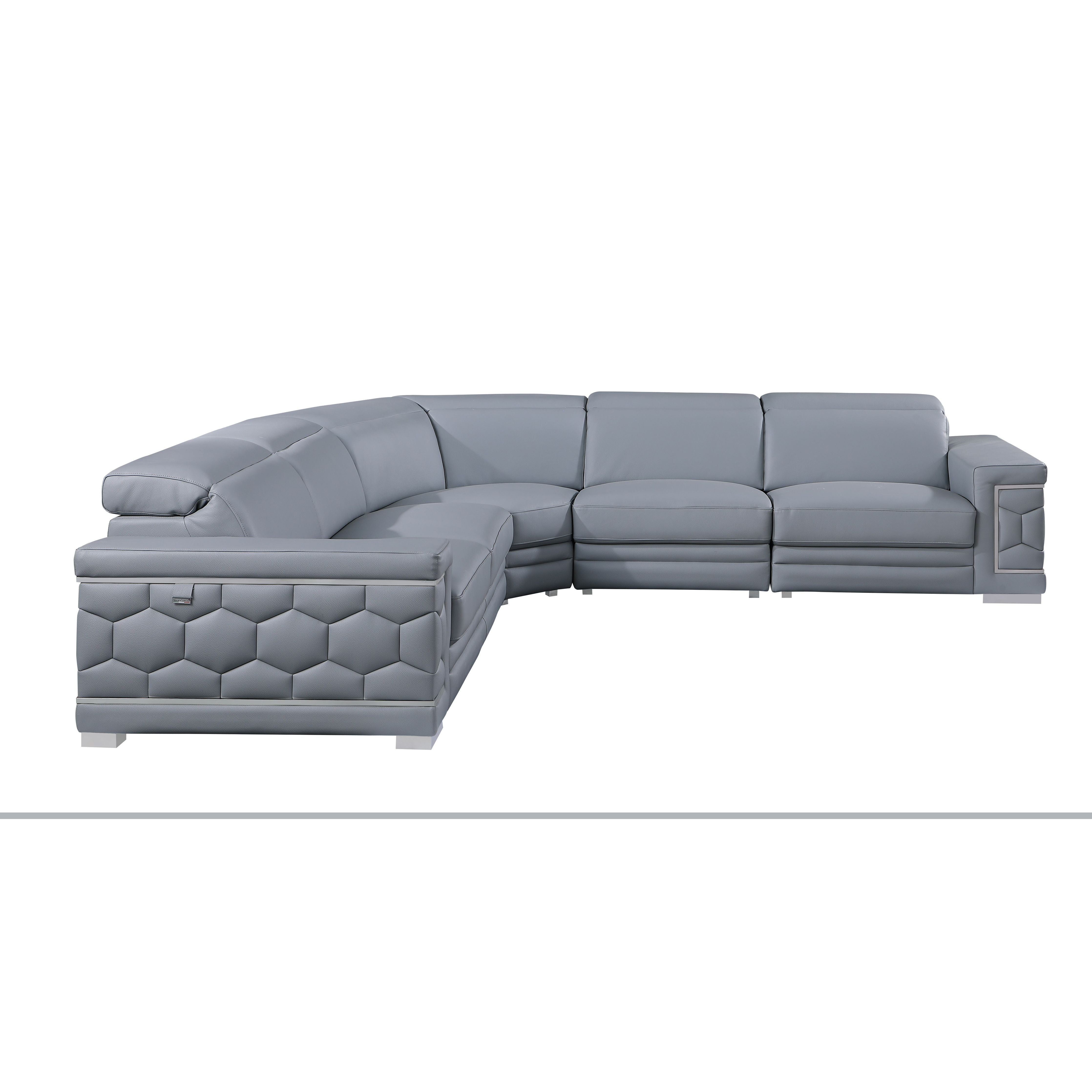 Favo 4-piece light blue-grey Italian leather sectional sofa with hexagon-tufted arms and chrome trim in a modern living room