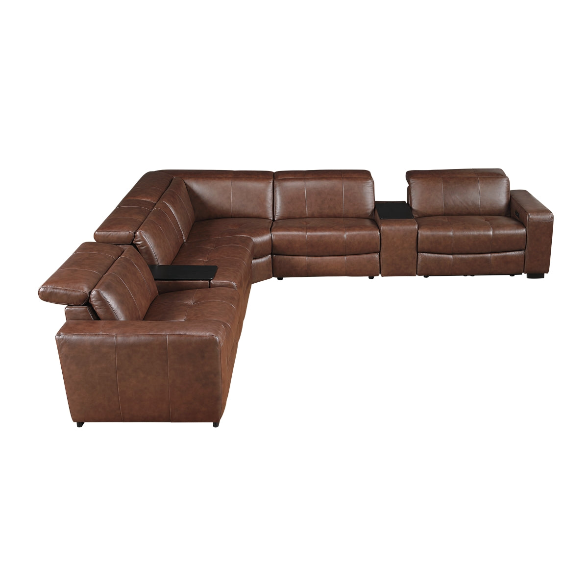 7-piece brown leather modular power reclining sectional sofa with headrests up and reclined