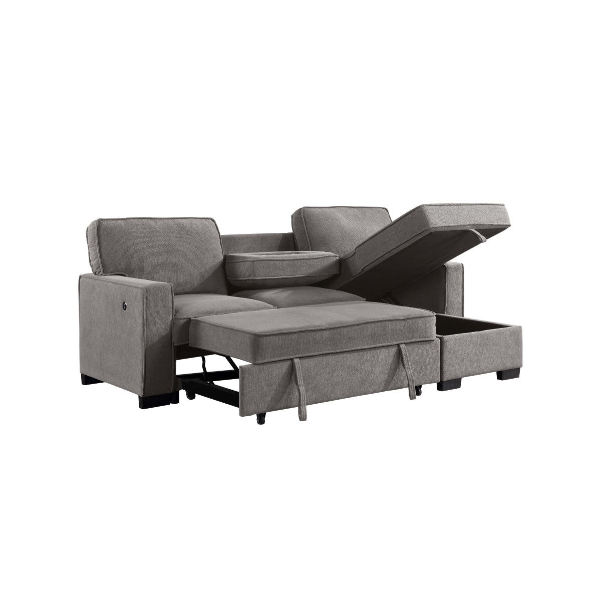 Gray fabric 2-piece sectional sofa with pull-out bed and storage chaise