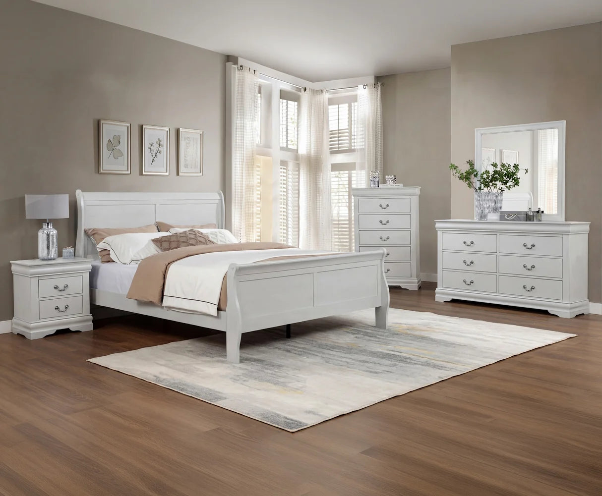 Louis white bedroom set with six-drawer dresser, beveled mirror, and two-drawer nightstand