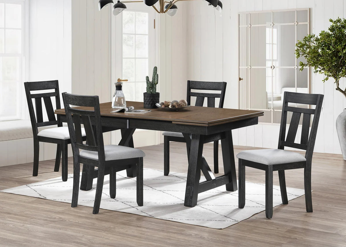 Maribelle two-tone trestle dining table with upholstered ladder-back chairs and bench