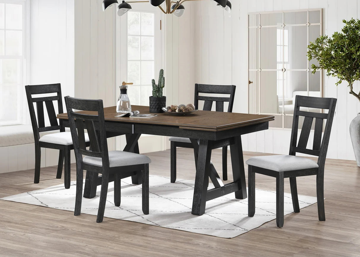 Maribelle two-tone trestle dining table with upholstered ladder-back chairs and bench