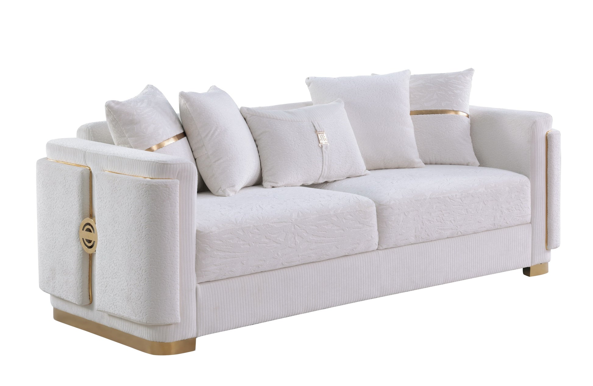 Capri white sofa collection with gold trim and designer pillows in a modern living room