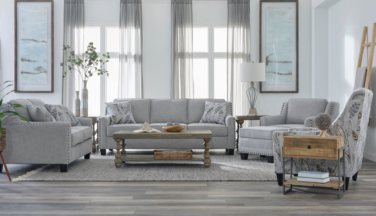 Breezy Mist Sofa & Loveseat Set – Light Gray Nailhead Living Room Collection
