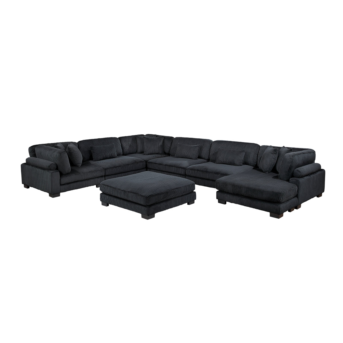 Black corduroy 7-piece modular sectional sofa with reversible chaise and ottoman