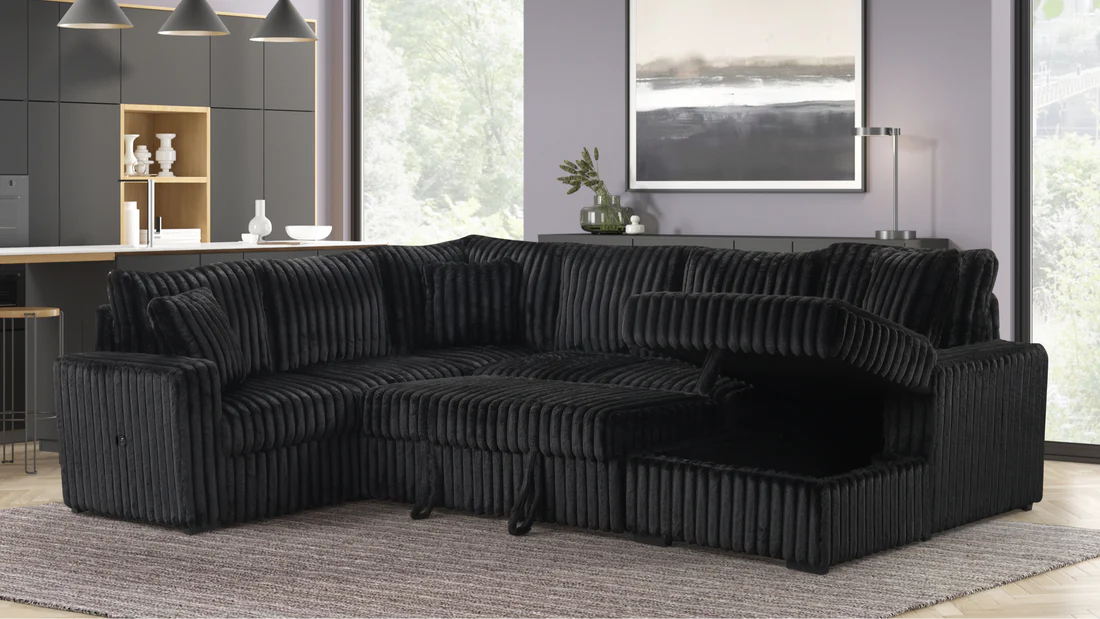 Black strip fabric U-shaped sectional sofa with pullout bed and storage compartment