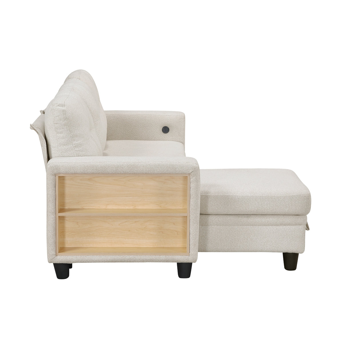 Beige boucle reversible sectional sofa with pull-out bed, storage chaise, side shelving and charging port