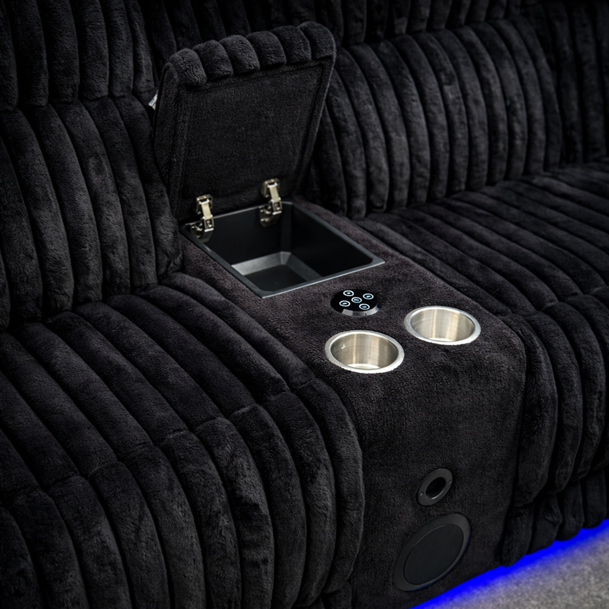 Black corduroy power reclining sectional sofa with LED lighting and built-in speakers