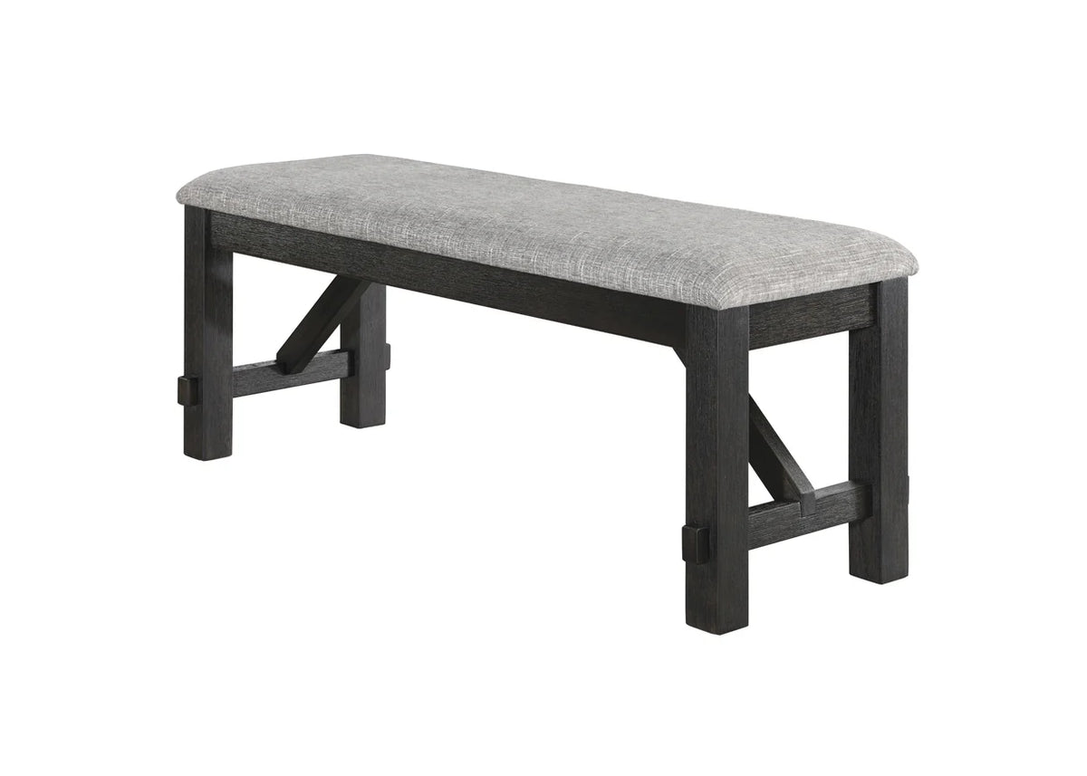 Maribelle two-tone trestle dining table with upholstered ladder-back chairs and bench