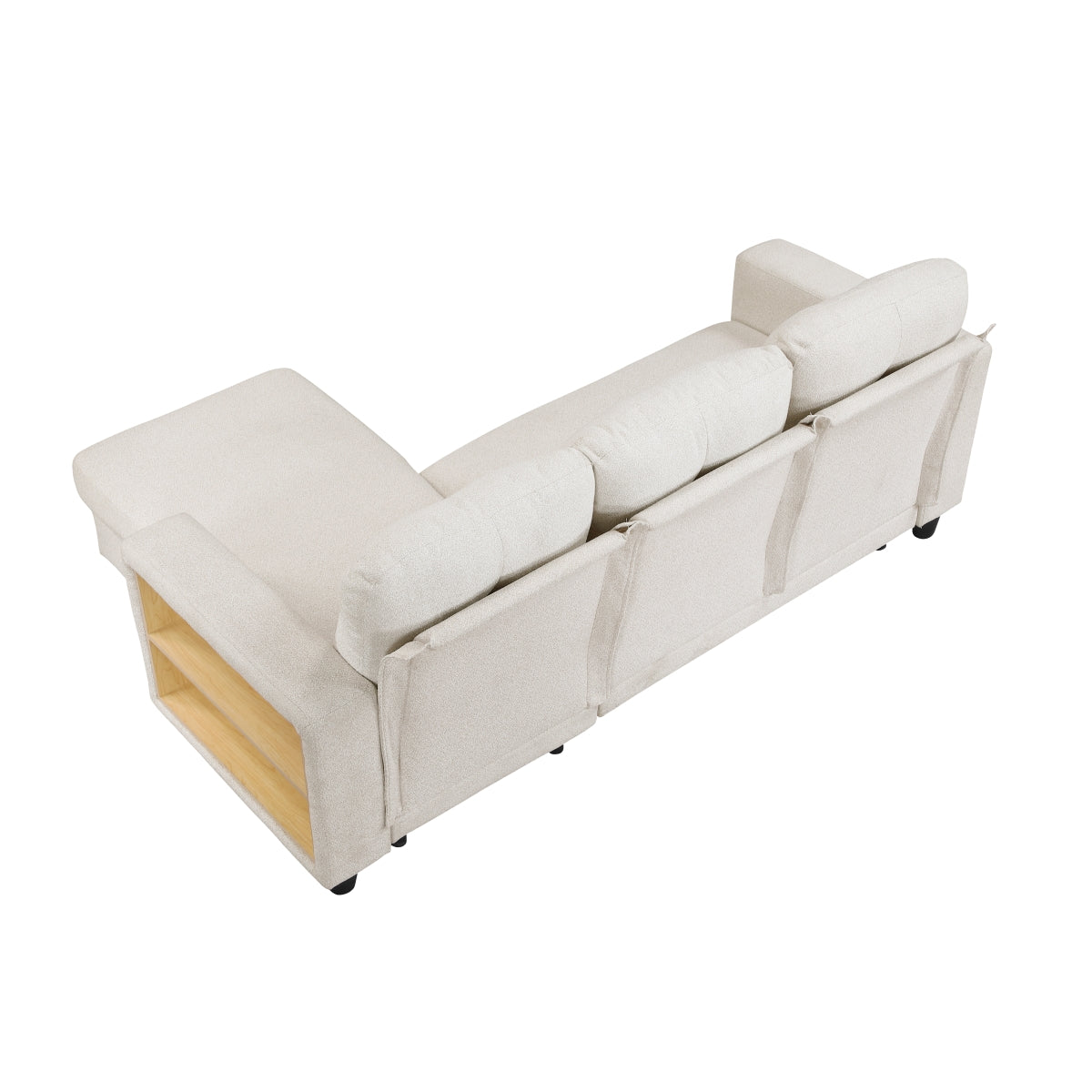 Beige boucle reversible sectional sofa with pull-out bed, storage chaise, side shelving and charging port