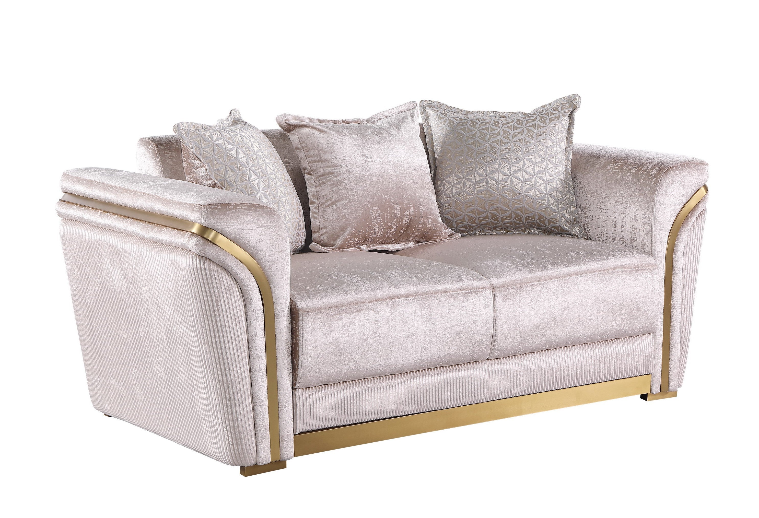 Torino Champagne sofa, loveseat, and chair set with gold frame accents in a modern living room