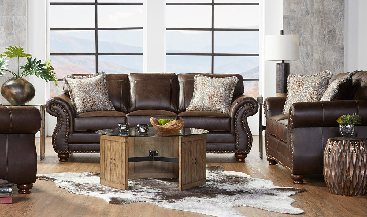 Ridge Nailhead Rolled-Arm Sofa & Loveseat Set – Premium Leather-Look Traditional Collection