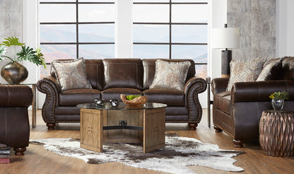 Ridge Nailhead Rolled-Arm Sofa & Loveseat Set – Premium Leather-Look Traditional Collection
