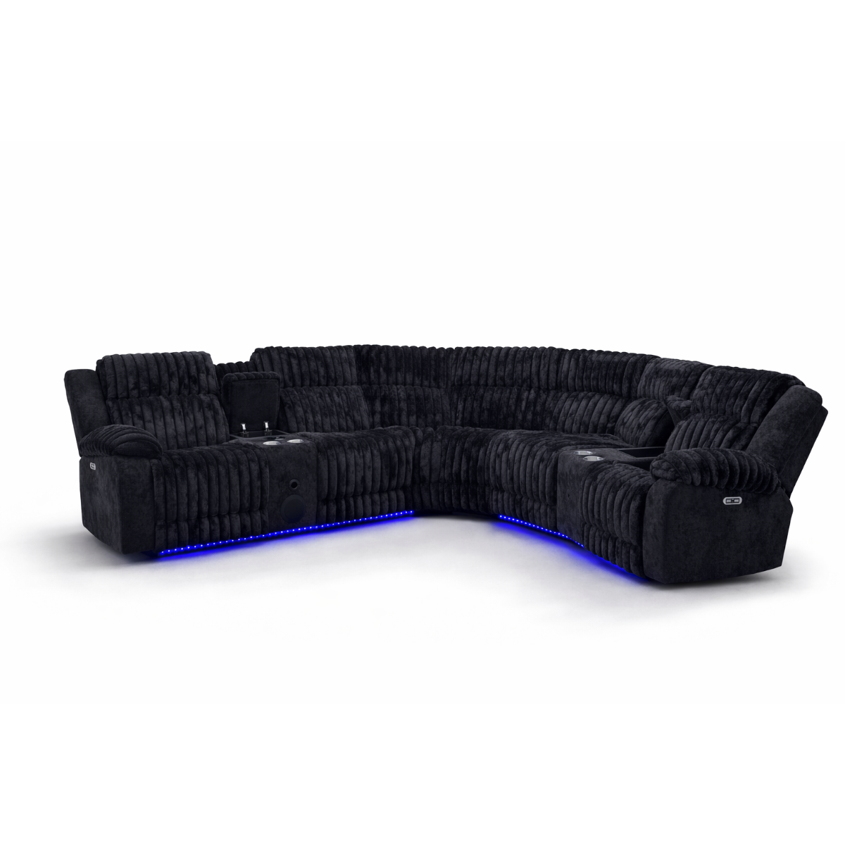 Black corduroy power reclining sectional sofa with LED lighting and built-in speakers