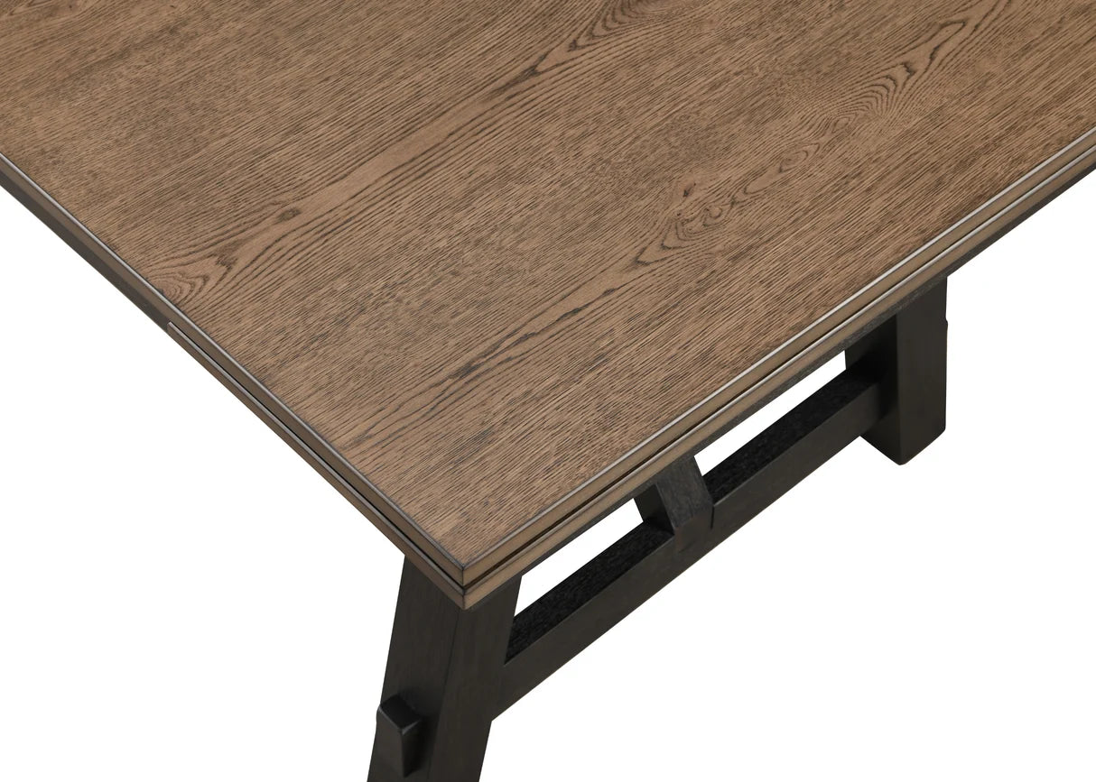 Maribelle two-tone trestle dining table with upholstered ladder-back chairs and bench