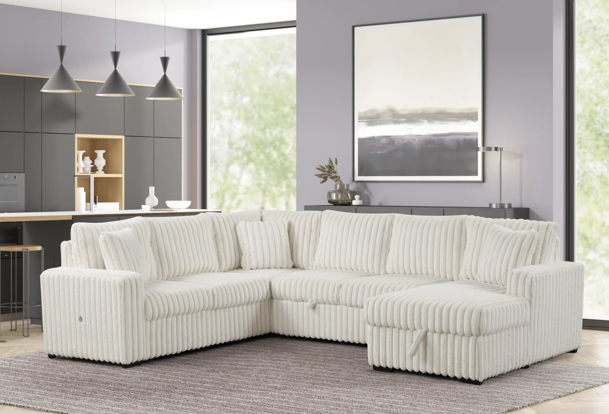 White strip soft fabric sectional sofa with pullout bed and hidden storage in modern living room
