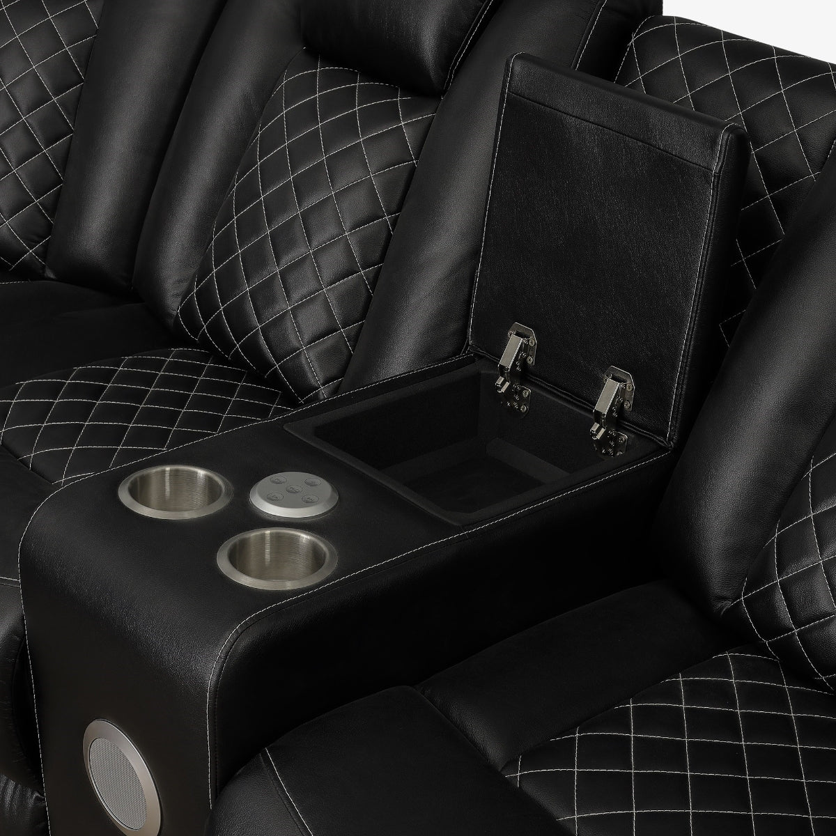 Black 3-piece reclining sectional sofa with LED accent lighting and diamond-stitched cushions