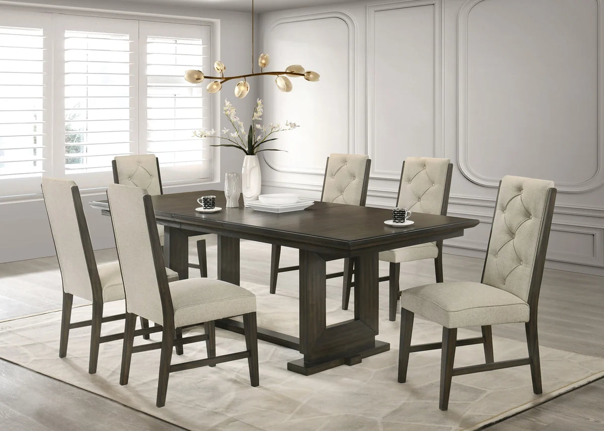Herbert dining set with tufted bench, upholstered chairs, and wood trestle table