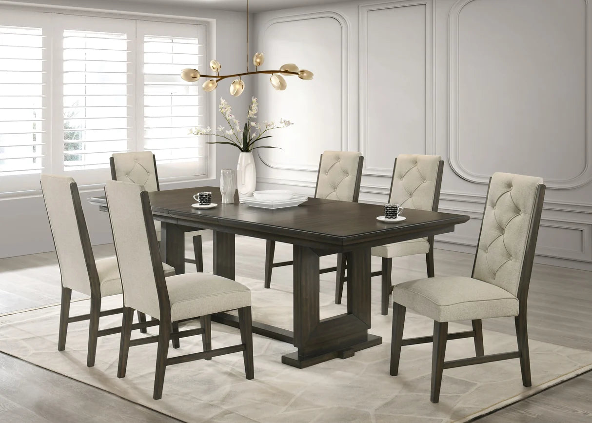 Herbert dining set with tufted bench, upholstered chairs, and wood trestle table