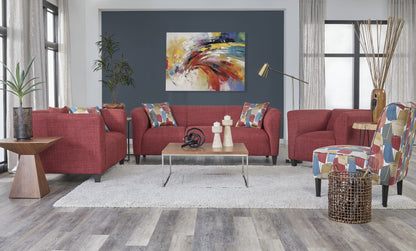 Red fabric sofa and loveseat set with modern curved arms and multicolor accent pillows.