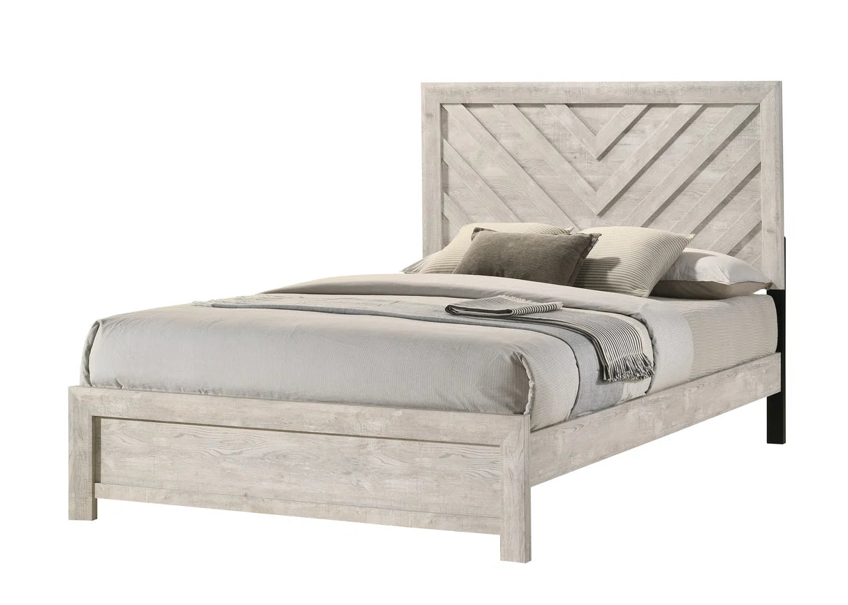Valor whitewashed bedroom set with chevron headboard bed, dresser, mirror, nightstand, and chest