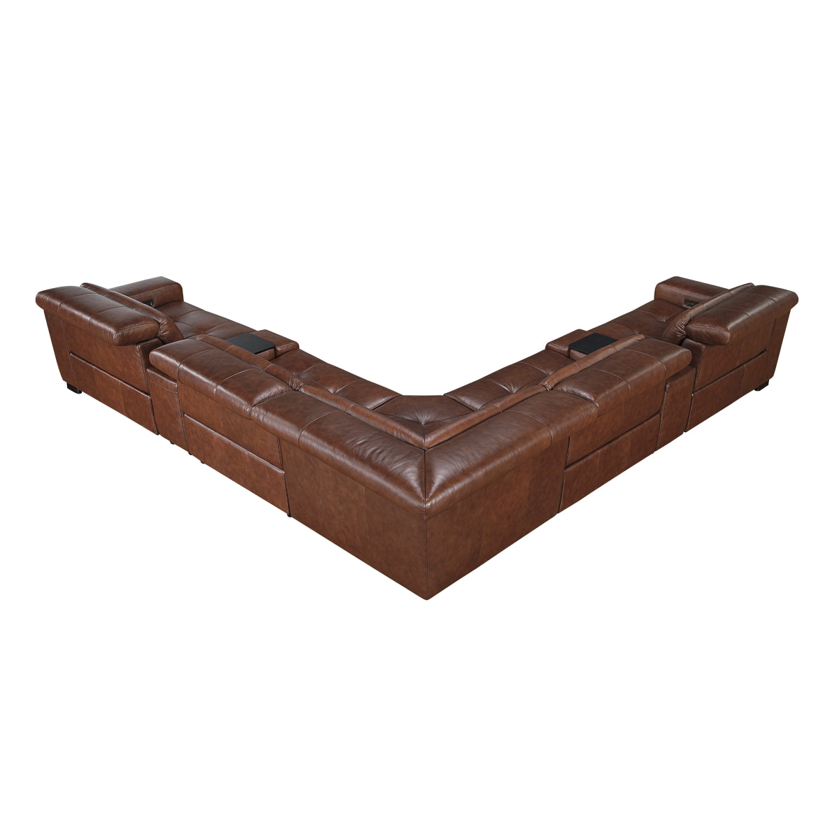 7-piece brown leather modular power reclining sectional sofa with headrests up and reclined