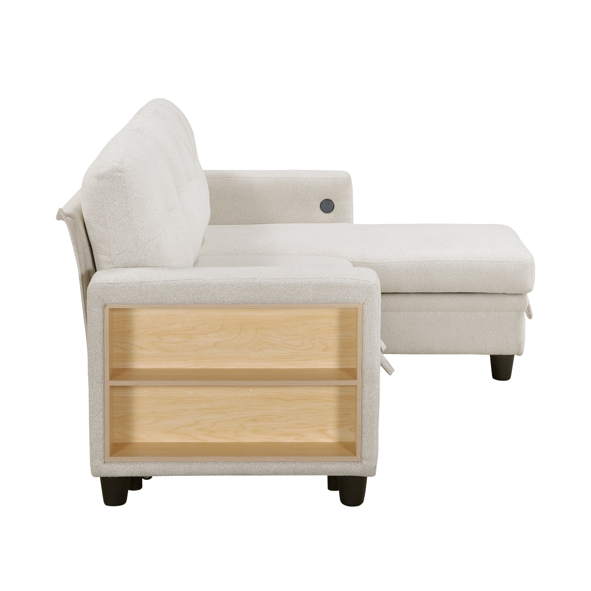 Beige boucle reversible sectional sofa with pull-out bed, storage chaise, side shelving and charging port