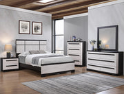 Remington two-tone bedroom set with panel bed, dresser, mirror, nightstand, and chest