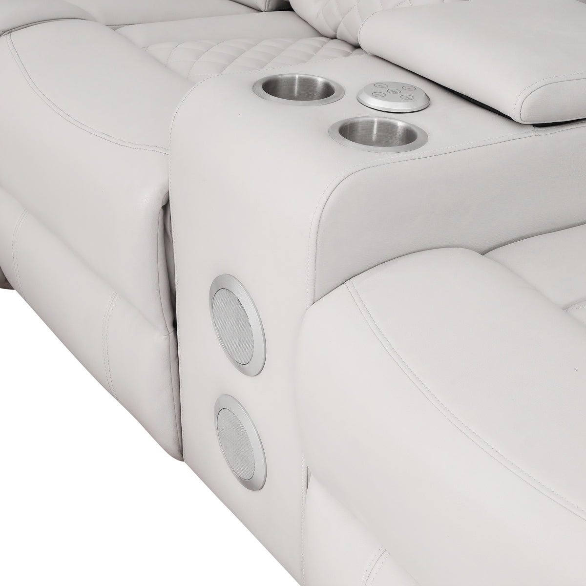 Light gray 3-piece reclining sectional sofa with LED base lighting and console