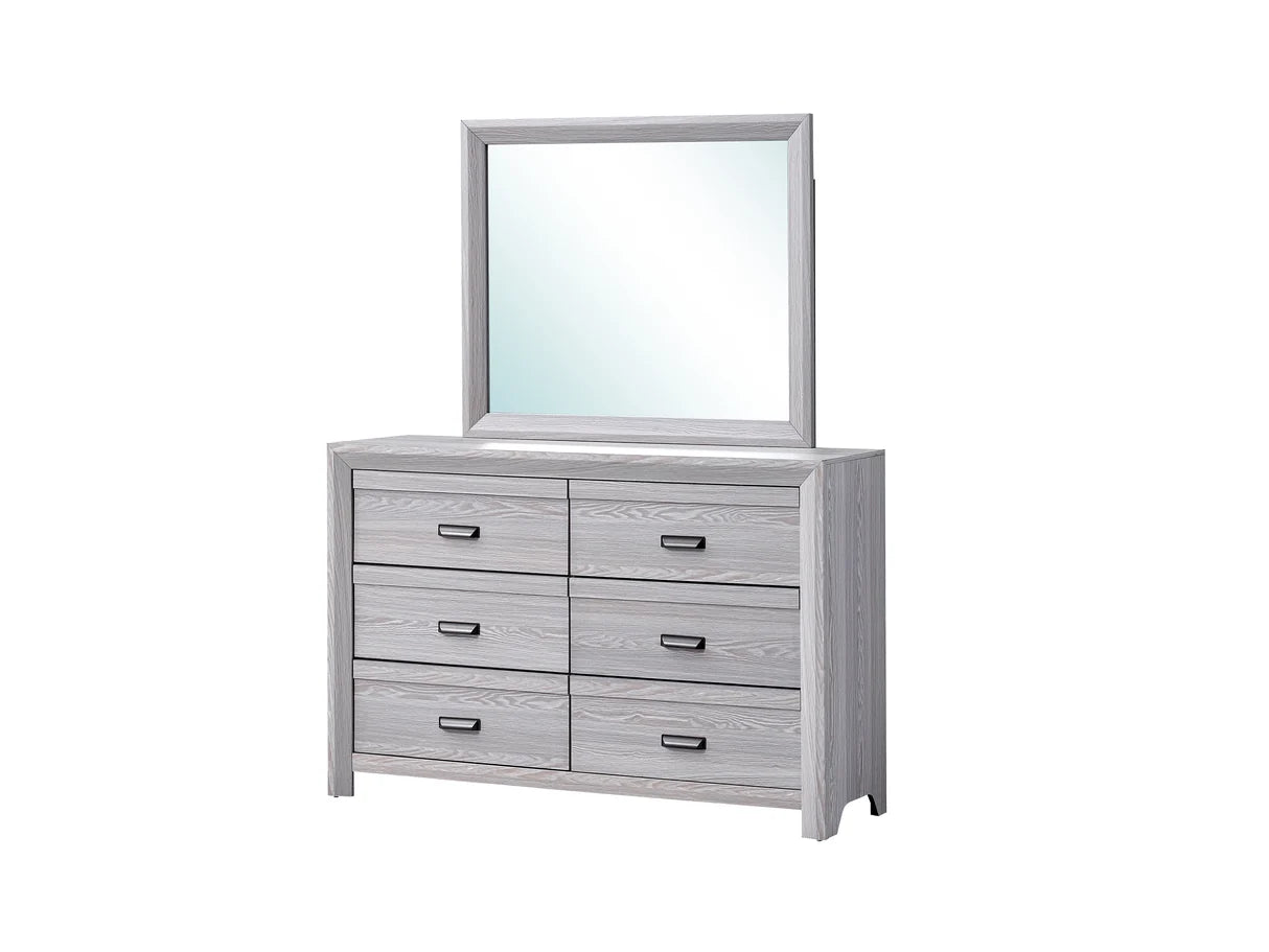 Adelaide grey wood bed frame with upholstered channel-tufted headboard and matching bedroom furniture