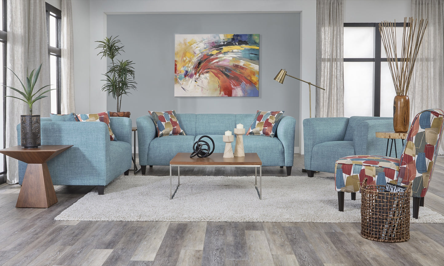 Sky blue modern living room sofa and loveseat set with curved arms and geometric throw pillows