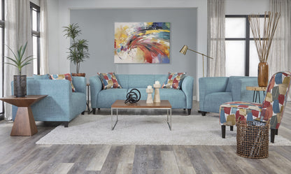 Sky blue modern living room sofa and loveseat set with curved arms and geometric throw pillows